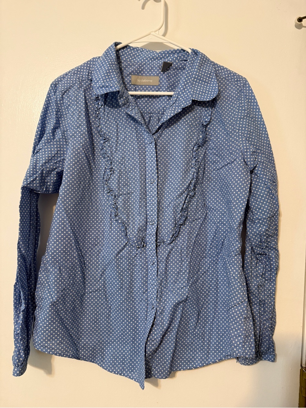 Liz Claiborne Blue and White Polka Dot Ruffle Button-Down Shirt